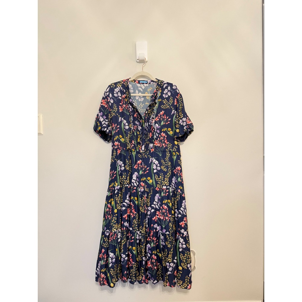 J.McLaughlin Silk Blend Floral Tiered Midi Dress Blue Ruffle Neck Pockets XL - Picture 5 of 12